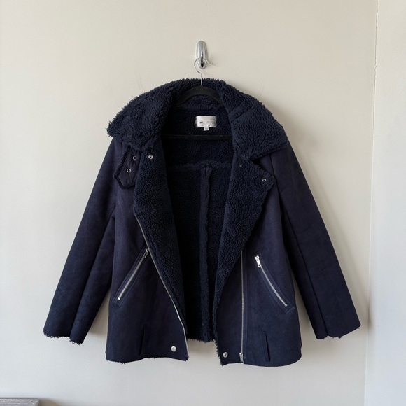 J.O.A. Dark Blue Faux Shearling Moto Jacket - Picture 7 of 10